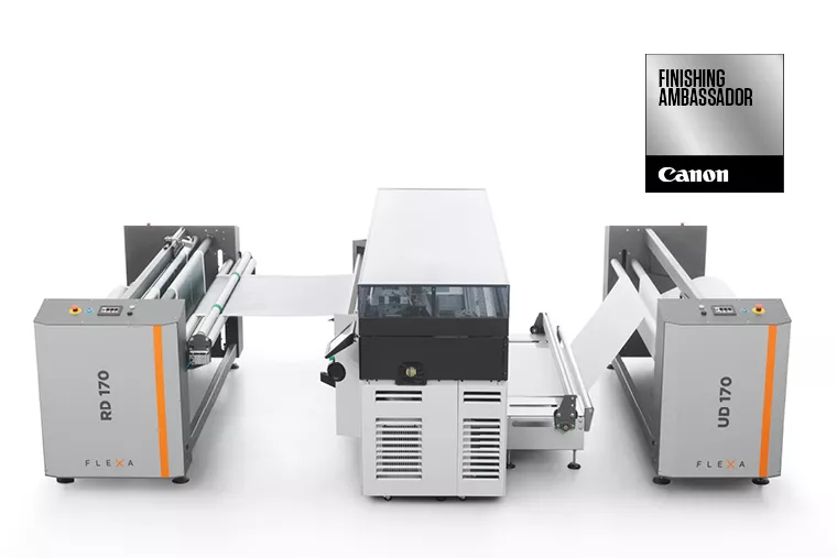 Flexa uwinding and rewinding jumbo rolls in-line with Canon Colorado